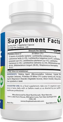 Best Naturals Probiotic 10 Strains & 30 Billion Cfu Intestinal Flora 120 Veggie Capsules Shelf Stable Probiotic (4146365)