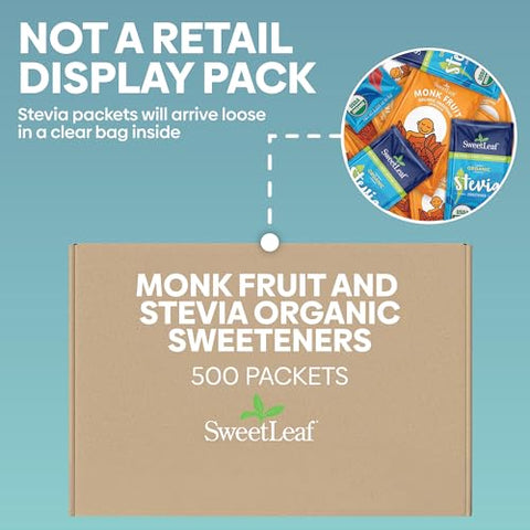 SweetLeaf Organic Stevia and Monk Fruit Packets - Zero Calorie Sweetener, Sugar Substitute in Bulk, Stevia and Monk Fruit Extract Powder, Keto Friendly, Gluten Free - 500 Count (Mix Pack of 1)
