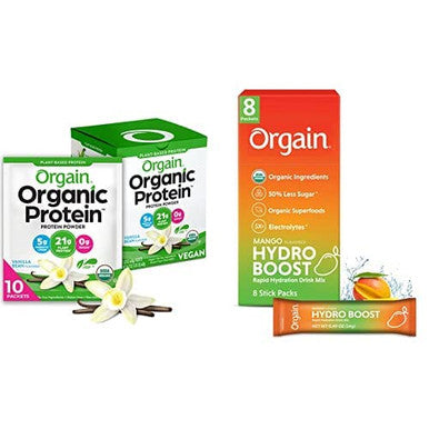 Orgain Organic 21g PlantBased Protein Powder Vanilla 10 Count Orgain Organic Hydration Powder with Electrolytes Superfoods Mango 8 Count Vegan Travel Packets