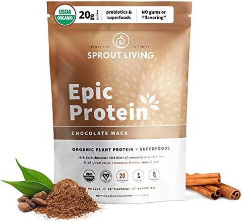 Sprout Living Epic Protein Plant Based Protein & Superfoods Powder Chocolate Maca Powder 20 Grams Organic Protein Powder Vegan Non Dairy Nongmo Gluten Low Sugar (1 Pound 12 Servings)