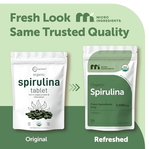 Micro Ingredients Organic Spirulina Supplement 720 Tablets (4 Month Supply) No Filler & Non-Gmo Rich In Vegan Protein Vitamins & Prebiotics Premium Spirulina Pills
