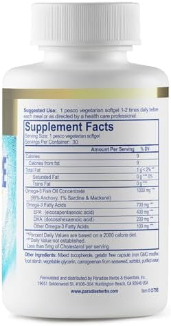 Paradise Herbs Omegasure Omega3 Concentrate Premium Fish Oil Dha Epa Vegan Non Gmo Gluten 60 Count Vegetarian Softgels