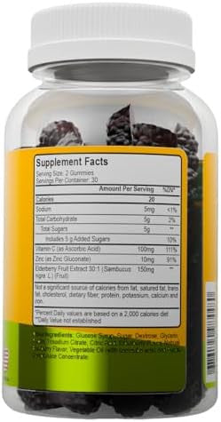 Alfa Vitamins Elderberry + Vitamin C & Zinc Gummies Promotes Healthy Immunity Supports Brain Function Antioxidants 60 Gummies