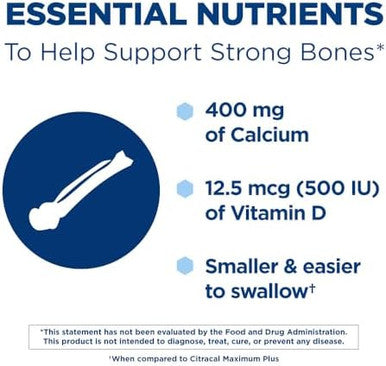 Citracal Petites 400 Mg Calcium Citrate Easily Absorbed And Highly Soluble With 12.5 Mcg (500 Iu) Vitamin D3 Bone Health Support For Ages 12+ Smaller And Easier To Swallow Caplets 375 Count