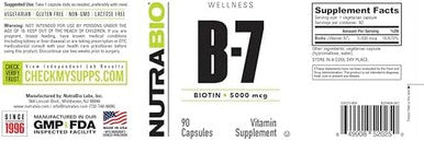 Nutrabio Biotin (Vitamin B7) Supplement 5000Mcg May Help Promote Healthy Hair Skin And Nails 90 Vegetable Capsules