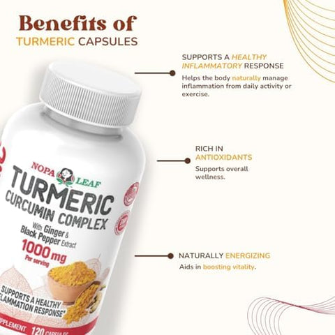 Nopalina Nopa Leaf Turmeric Curcumin Complex Capsules With Ginger & Black Pepper " 1000Mg Per Serving " 120 Capsules " Dietary Supplement Nongmo Gluten
