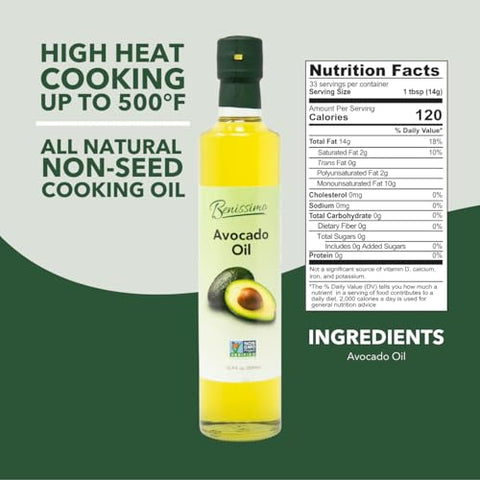 Benissimo 100% Pure Avocado Oil, 500ml Glass Bottle, Allergen-Free and Non-GMO, Premium Cold-Pressed Cooking Oil for Grilling, SautÃƒÂ©ing, Baking, and Salad Dressings