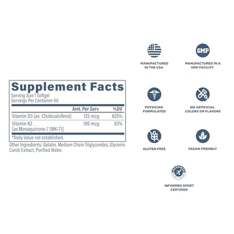 REVIVE MD Vitamin D3 and K2 Supports Bone Health and Muscle Strength K2 and D3 Vitamin Supplement for Women and Men Health and Brain Function