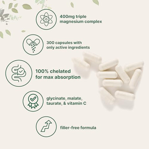 Micro Ingredients Pure Magnesium Complex 300 Capsules Triple Magnesium Glycinate Malate Taurate With Vitamin C 100 Chelated Supports Muscles Nerves & Energy Only Active Ingredients