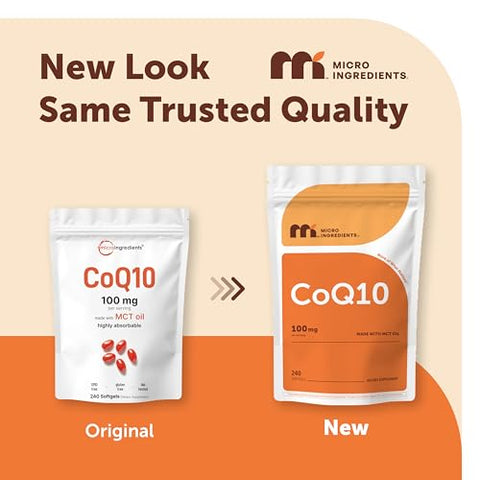 Micro Ingredients Coq10 100 Mg Per Serving 240 Softgels Coenzyme Q10 (Ubiquinone) Supplement Made With Mct Oil Non-Gmo Gluten Free