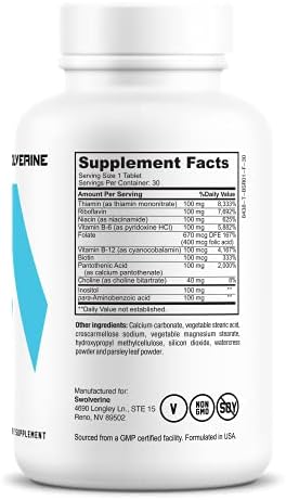Swolverine BVitamin Complex BComplex Including B12 B1 B2 B3 B5 B6 B7 B9 Folic Acid Choline Inositol and Biotin Supports Stress Energy and Healthy Immune System (30 Servings)