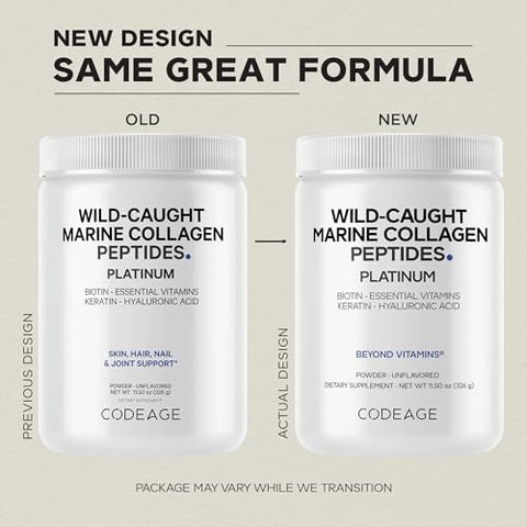 Codeage Marine Collagen Protein Powder Supplement Platinum - Biotin 10000 Mcg Vitamin C D3 & B6 Keratin Hyaluronic Acid Niacin Wild Caught Hydrolyzed Fish Collagen Peptides - Non-Gmo 11.50 Oz