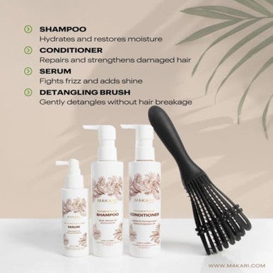 Makari Hair Care Set With Shampoo, Conditioner, Serum & Brush Biotin, Black Castor Oil, Jojoba & Honey Hydrates, Strengthens, Reduces Frizz & Adds Shine No Sulfate, Parabens Or Silicone