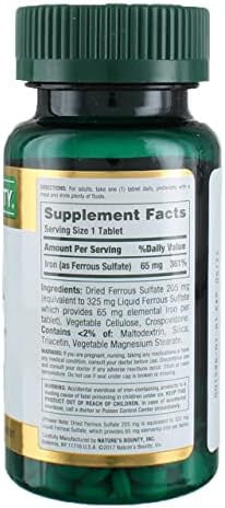 Nature'S Bounty Iron 65Mg, 325 Mg Ferrous Sulfate, Cellular Energy Support, Promotes Normal Red Blood Cell Production, 100 Tablets