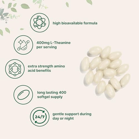 Micro Ingredients L-Theanine 400Mg 400 Softgels Highly Bioavailable With Coconut Oil Extra Strength Theanine Amino Acid Calm & Relaxation Support Focus Supplement Non-Gmo Gluten Free