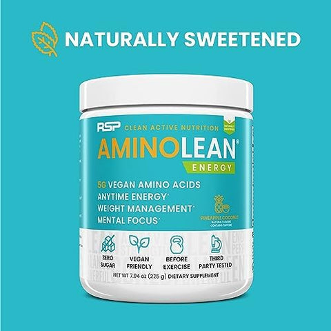 Rsp Nutrition Rsp Vegan Aminolean " Allinone Natural Pre Workout Amino Energy Weight Management With Bcaas Complete Vegan Preworkout Powder Pineapple Coconut