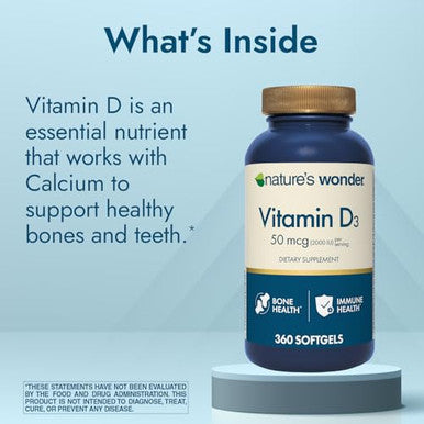 Nature'S Wonder Vitamin D3 2000Iu (50Mcg) 1 Year Supply To Support Bone Health Immune System And Promotes Calcium Absorption Gluten Free 360 Softgels