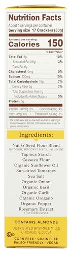 Simple Mills Almond Flour Crackers, Sundried Tomato & Basil, Gluten Free, Flax Seed, Sunflower Seeds, Corn Free, Good for Snacks, Made with whole foods, (Packaging May Vary), 4.25 Ounce