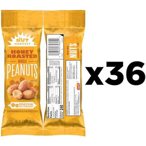 Nut Harvest, Honey Roasted Peanuts,1.375 oz Bag, (36 Pack)