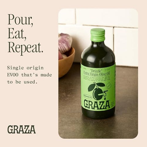 Graza Drizzle Extra Virgin Olive Oil, Finishing Oil - High Polyphenol Early Harvest EVOO Finishing Oil in a Glass Bottle - Single Origin Olive Oils from Spain - 16.9 Fl Oz (500ml)