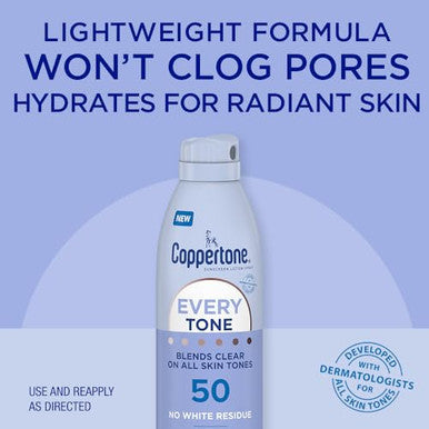 Coppertone Every Tone Sunscreen Spray Spf 50 Lightweight Blends In Clear Sunscreen For All Skin Tones Formulated With Nourishing Vitamin E 5 Oz Bottle