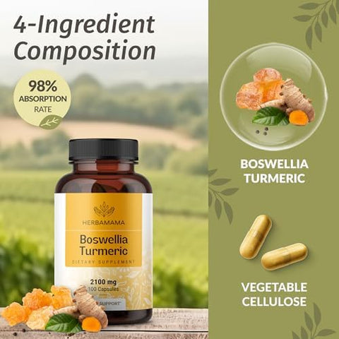 Herbamama Turmeric And Boswellia Extract Capsules - 2100Mg Boswellia Serrata & Turmeric Complex With Black Pepper Extract - Vegan Non-Gmo 95% Curcuminoids Antioxidant Supplement 100 Caps