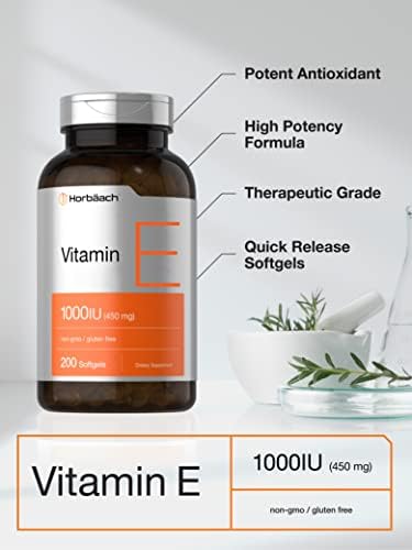 Horbaach Vitamin E 1000 IU Softgel Capsules 200 Count NonGMO Gluten Free Preservative Free Vitamin E Oil