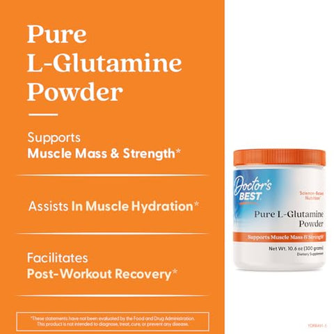 Doctor'S Best Doctors Best Pure L Glutamine Powder Supplement For Men & Women - L-Glutamine 5G Per Serving Amino Acid Support Supports Muscle Mass & Strength Non-Gmo Gluten Free Soy Free Vegan 10.6 Oz