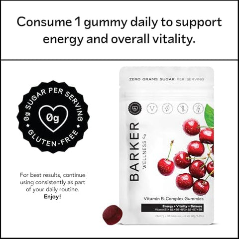 Barker Wellness Vegan BComplex Gummies Comprehensive Energy and Metabolism Boost with B1 B5 B6 B7 Biotin B9 Folate B12 SugarFree Cherry Flavor for Daily Focus and Vitality