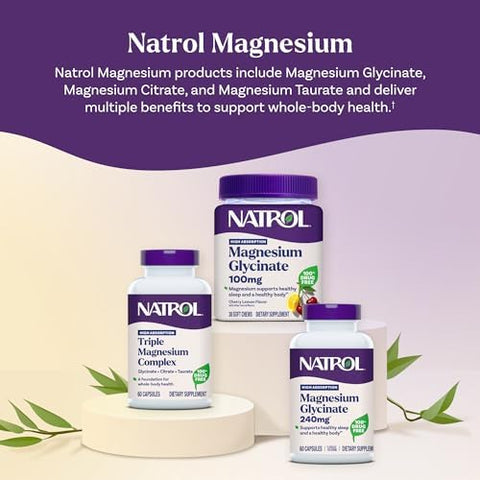 Natrol Triple Magnesium Complex Supplement Glycinate Citrate and Taurate 200Mg High Absorption Support Whole Body Wellness 60 Capsules