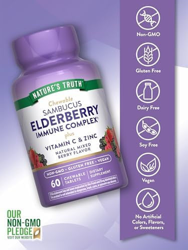 Nature'S Truth Elderberry Immune Complex 60 Chewable Tablets Plus Vitamin C & Zinc Mixed Berry Vegan, Non-Gmo, & Gluten Supplement