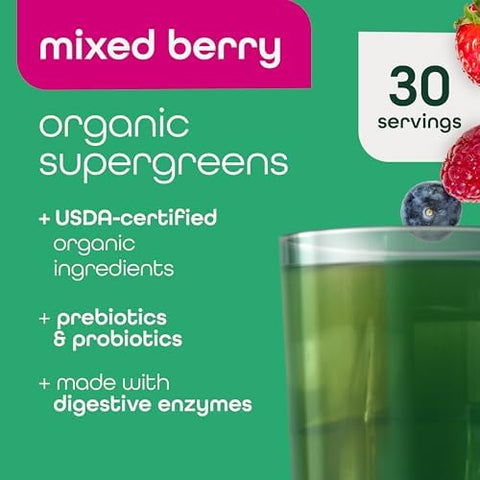 Zena Nutrition Organic Supergreens Greens Powder 70+ Superfoods Mixed Berry 30 Servings + Bovine Colostrum & Collagen Powder Supplement Supports Immunity Digestion Hair Beauty