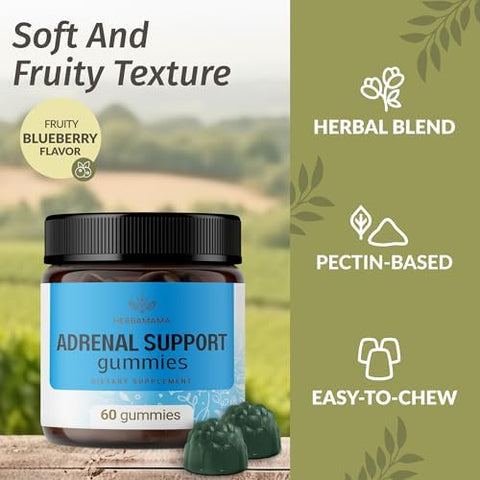 Herbamama Adrenal Support Gummies - Pure Adrenal Complex Supplement For Women With Ashwagandha Root Rhodiola Rosea & Magnesium - Vegan Non-Gmo - 60 Pectin-Based Blueberry-Flavored Chews