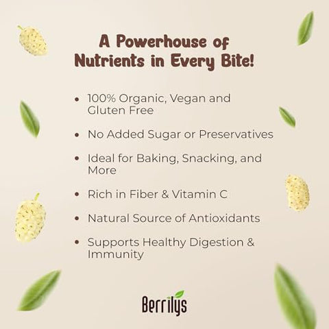 Berrilys Organic Dried Mulberries - White Mulberry, Non-GMO, Unsulfured, Raw, Kosher, Vegan - Healthy Berries, Superfood, No Sugar Added, USDA Organic Certified, FDA Registered Facility - 10oz