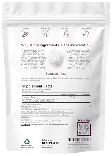 Micro Ingredients Pure Trans-Resveratrol Powder With Vitamin E 5 Ounce 2 In 1 Formula Micronized Powder For Better Absorption Premium Resveratrol Supplement Super Antioxidant