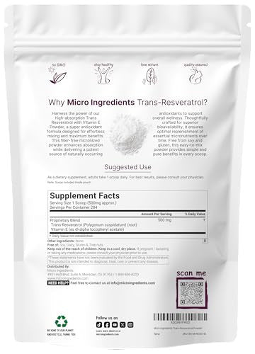 Micro Ingredients Pure Trans-Resveratrol Powder With Vitamin E 5 Ounce 2 In 1 Formula Micronized Powder For Better Absorption Premium Resveratrol Supplement Super Antioxidant