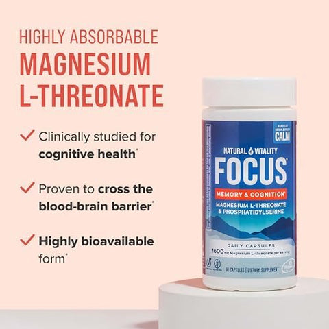 Natural Vitality Focus Magnesium LThreonate and Phosphatidylserine Nootropic Brain Supplements for Memory Focus and Cognition Gluten Vegetarian 60 Capsules