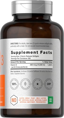 Horbaach Vitamin D3 10000 IU 500 Softgels NonGMO Gluten Free Supplement Value Size 250mcg High Potency Formula