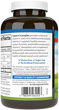Carlson SuperC Complex Vitamin C + Bioflavonoids Immune Function and Optimal Wellness Antioxidant 250 Vegetarian Tablets
