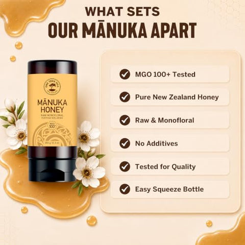 One Tree Hill New Zealand Manuka Honey, MGO 100+ Certified Raw Manuka Honey, Monofloral, 100% Pure Single-Origin, Squeeze Bottle for Toast, Yogurt, Oatmeal, Baking - 12.3 oz (350 g)