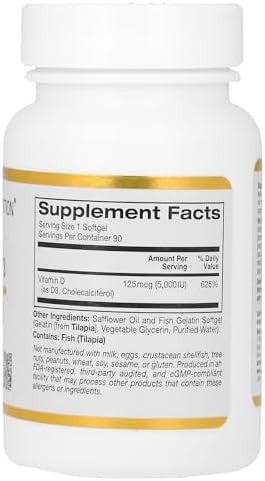 California Gold Nutrition Vitamin D3 Supplement Gluten Nongmo 125 Mcg (5000 Iu) 90 Fish Gelatin Softgels