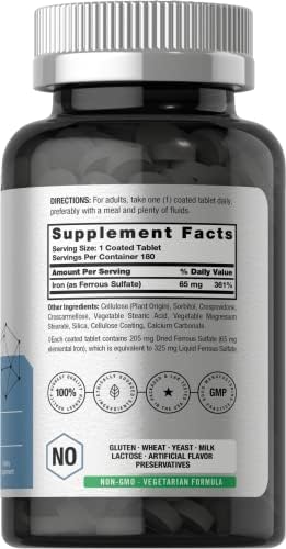 Horbaach Iron Supplement Tablets 180 Count Ferrous Sulfate Vegetarian NonGMO and Gluten Free