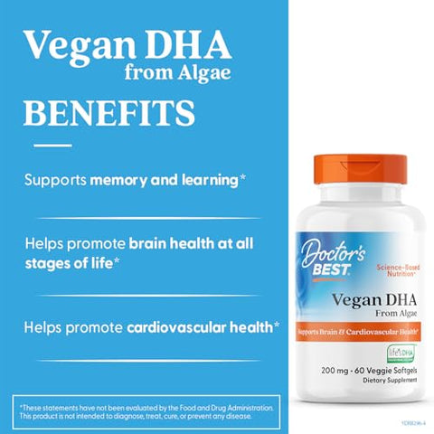 Doctor'S Best Doctors Best Vegan Dha From Algae - Vegan Plant Based Omega 3 Supplement For Women & Men Supports Memory Brain & Cardiovascular Health Non-Gmo Gluten Free Soy Free 60 Veggie Softgels