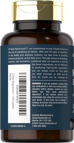 Tahoe Nutritionals Magnesium 500Mg 140 Coated Caplets Non-Gmo And Gluten Supplement
