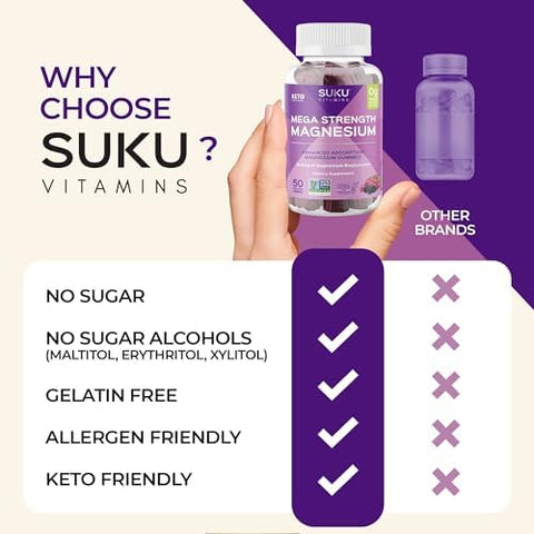 SUKU Vitamins Mega Strength Magnesium 177 mg of Magnesium Bisglycinate Gummies for Muscle Function Easy to Chew Non GMO Gluten Sugar Free Grape BlackBerry Flavored Gummy Vitamins (50 Count)