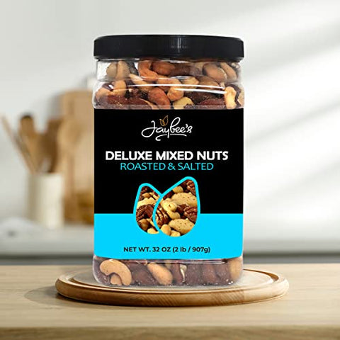 Mixed Nuts Deluxe - Roasted & Salted | 32 oz Reusable Container | Healthy Gourmet Variety Snack Mix with Cashews, Almonds, Brazil Nuts, Pecans, Hazelnuts (No Peanuts) Holiday Gifts | Keto, Vegan Friendly, Healthy Nut Mix | Jaybee's