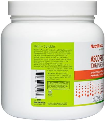 Nutribiotic Ascorbic Acid Vitamin C Powder 2.2 Lb Pharmaceutical Grade L-Ascorbic Acid 2000 Mg Per Serving Essential Immune & Antioxidant Collagen Support Supplement Vegan Gluten & Gmo