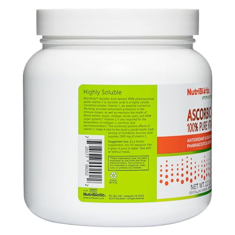 NutriBiotic Ascorbic Acid Vitamin C Powder 2.2 Lb Pharmaceutical Grade LAscorbic Acid 2000 Mg Per Serving Essential Immune and Antioxidant Collagen Support Supplement Vegan Gluten and GMO