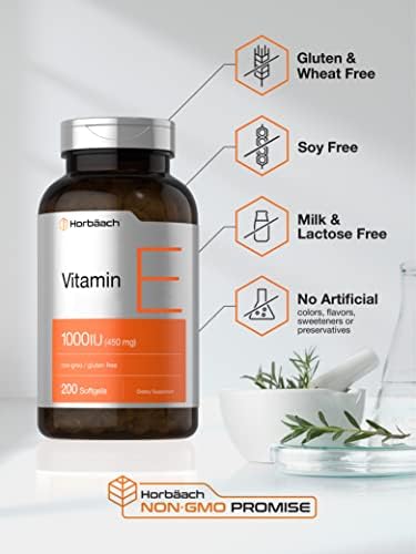 Horbaach Vitamin E 1000 IU Softgel Capsules 200 Count NonGMO Gluten Free Preservative Free Vitamin E Oil