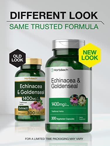 Echinacea Goldenseal Capsules | 1400mg | 300 Count | Vegetarian, Non-GMO, Gluten Free Extract Supplement | by Horbaach